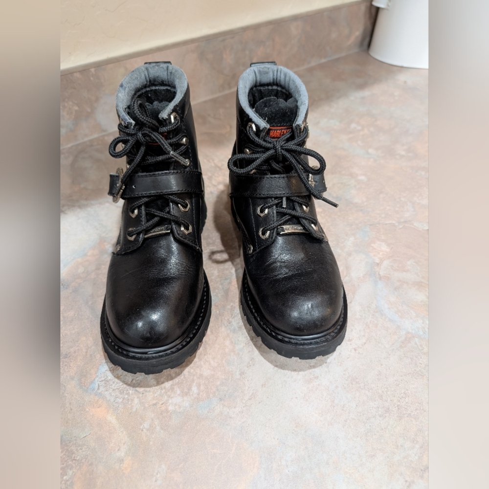 Authentic Harley-Davidson® Black Leather (thick) Lace-Up/With Strap & Buckle